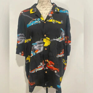 Paradise Found Hawaiian Shirt Dragsters Cars Black Rayon Size XL